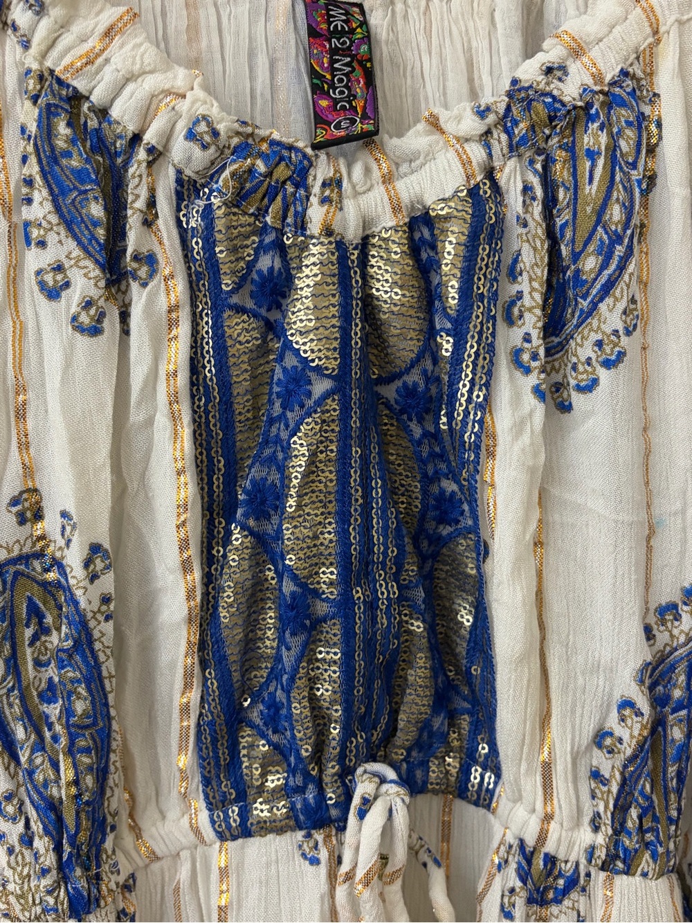 Boho Anthropology Off-Shoulder Maxi Dress in White, Blue, and gold - Picture 2 of 6